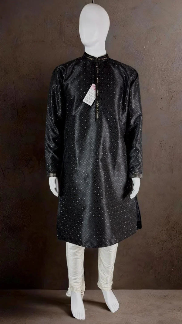 Party Wear Designer Men Kurta Set in Black Color with tiny Gold Zari Weave and Embossed Self Design in Soft Raw Silk with Cotton Lining