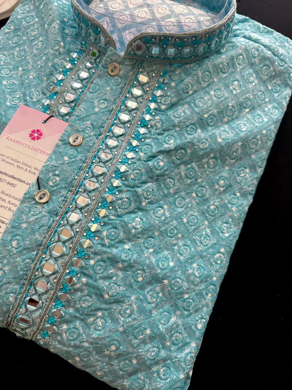 Sea Blue Color Chikankari Embroidery Kurta for Men | Mirror Work & Handblock Prints | Kurta Pajama Set for Wedding and Parties