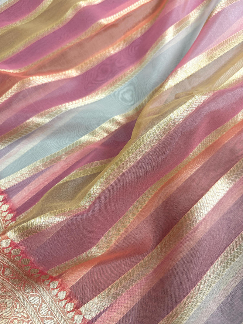 Rangkat Coral Color with Multi Color Striped Banarasi Organza Silk Saree with Muted Gold Zari and Paithani