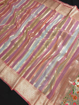 Rangkat Coral Color with Multi Color Striped Banarasi Organza Silk Saree with Muted Gold Zari and Paithani