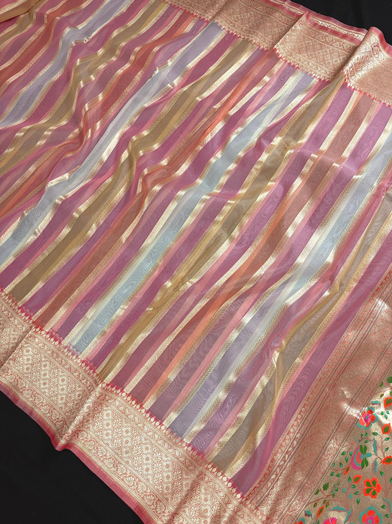 Rangkat Coral Color with Multi Color Striped Banarasi Organza Silk Saree with Muted Gold Zari and Paithani