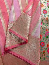 Rangkat Coral Color with Multi Color Striped Banarasi Organza Silk Saree with Muted Gold Zari and Paithani