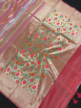 Rangkat Coral Color with Multi Color Striped Banarasi Organza Silk Saree with Muted Gold Zari and Paithani