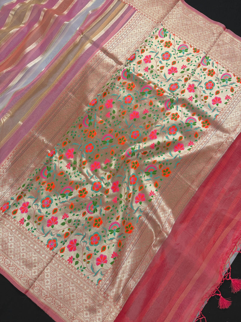 Rangkat Coral Color with Multi Color Striped Banarasi Organza Silk Saree with Muted Gold Zari and Paithani