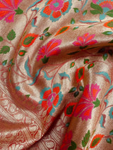 Rangkat Coral Color with Multi Color Striped Banarasi Organza Silk Saree with Muted Gold Zari and Paithani
