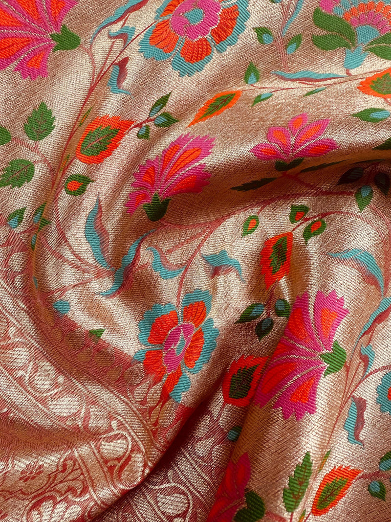Rangkat Coral Color with Multi Color Striped Banarasi Organza Silk Saree with Muted Gold Zari and Paithani