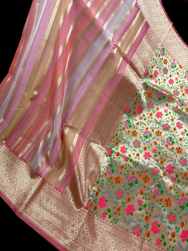 Rangkat Coral Color with Multi Color Striped Banarasi Organza Silk Saree with Muted Gold Zari and Paithani