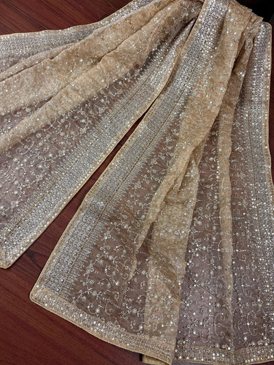 Statement Gold Beige Color Organza Silk Dupatta with Muted Gold Zari, Embroidery and Sequin – Front View – Kaash Collection