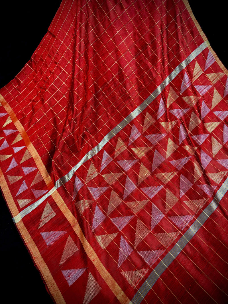 Maroon Color Check Saree with Gold and Sliver Resham Weave  | Pure Raw Silk Saree | Handloom Saree | SILK MARK CERTIFIED