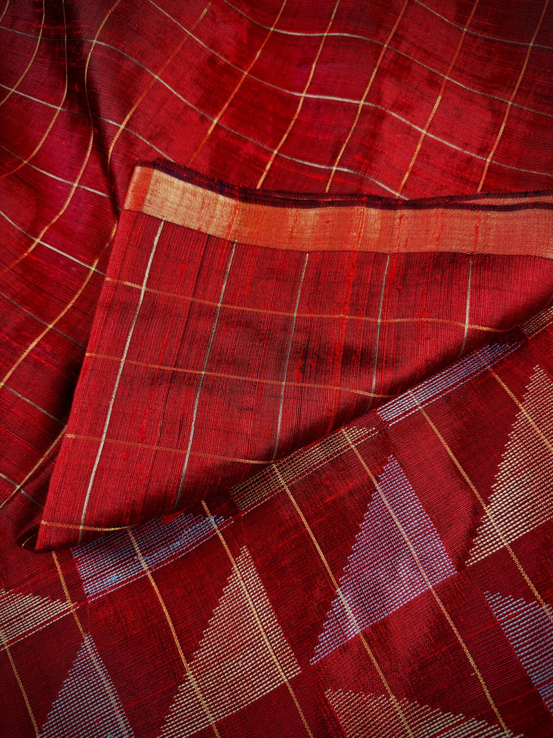 Maroon Color Check Saree with Gold and Sliver Resham Weave  | Pure Raw Silk Saree | Handloom Saree | SILK MARK CERTIFIED