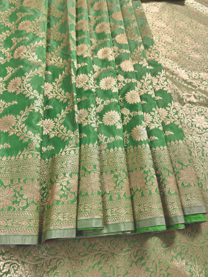Pastel Pista Green Banarasi Silk in Muted Gold Zari with Floral Jaal Design  | Soft Silk Sarees | Banarasi Silk Sarees