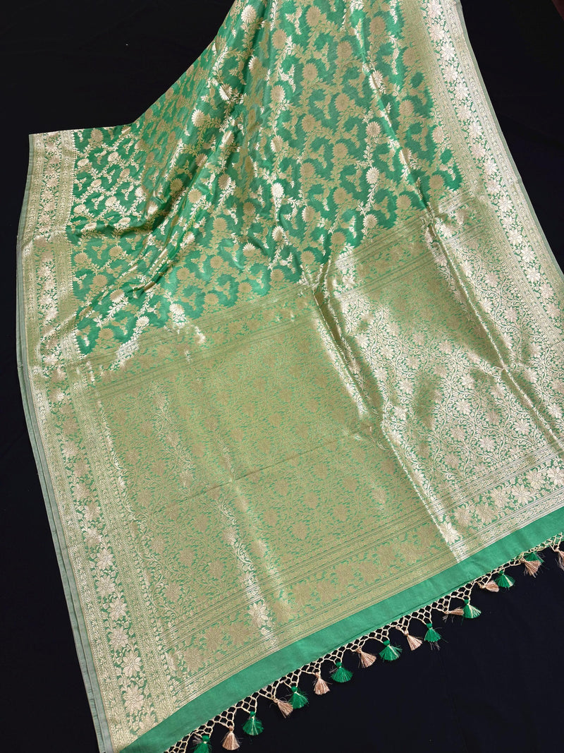Pastel Pista Green Banarasi Silk in Muted Gold Zari with Floral Jaal Design  | Soft Silk Sarees | Banarasi Silk Sarees
