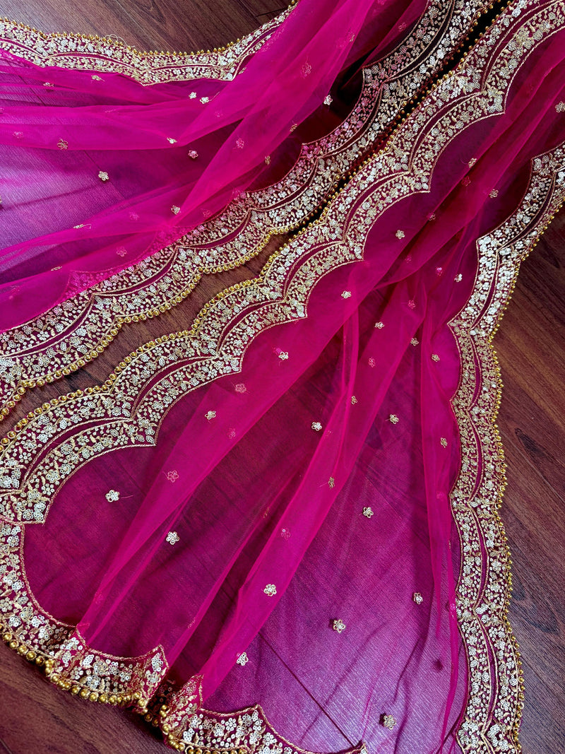 Deep Fuchsia Pink Color Net Dupatta with Zari, Sequin and Beads | Pink Color Dupatta | Sequin Dupatta | Indian Dupatta for Lehanga