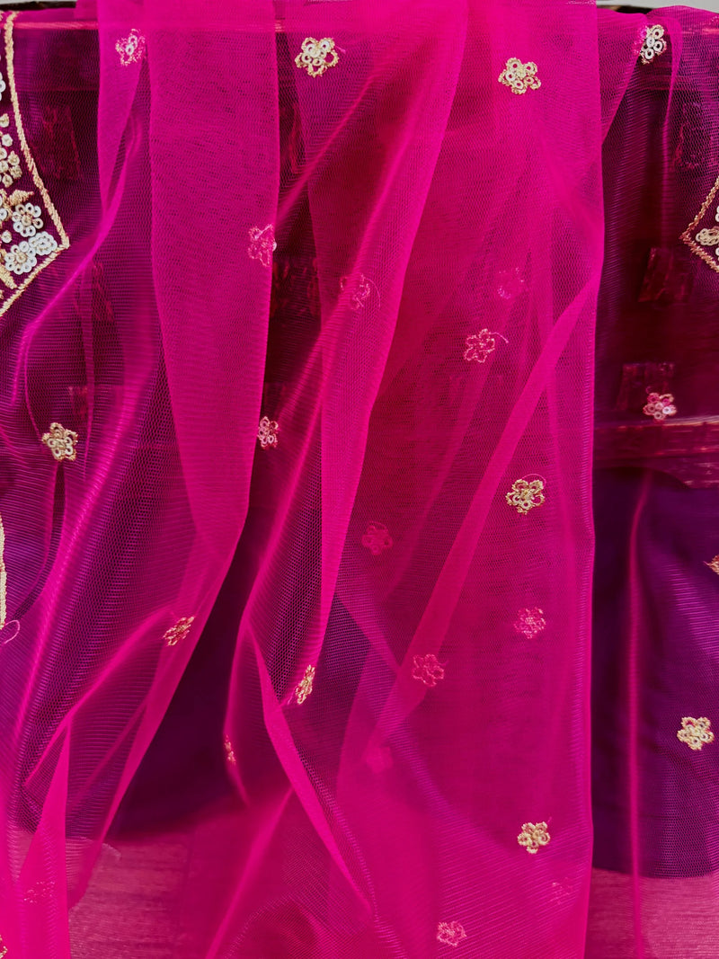 Deep Fuchsia Pink Color Net Dupatta with Zari, Sequin and Beads | Pink Color Dupatta | Sequin Dupatta | Indian Dupatta for Lehanga