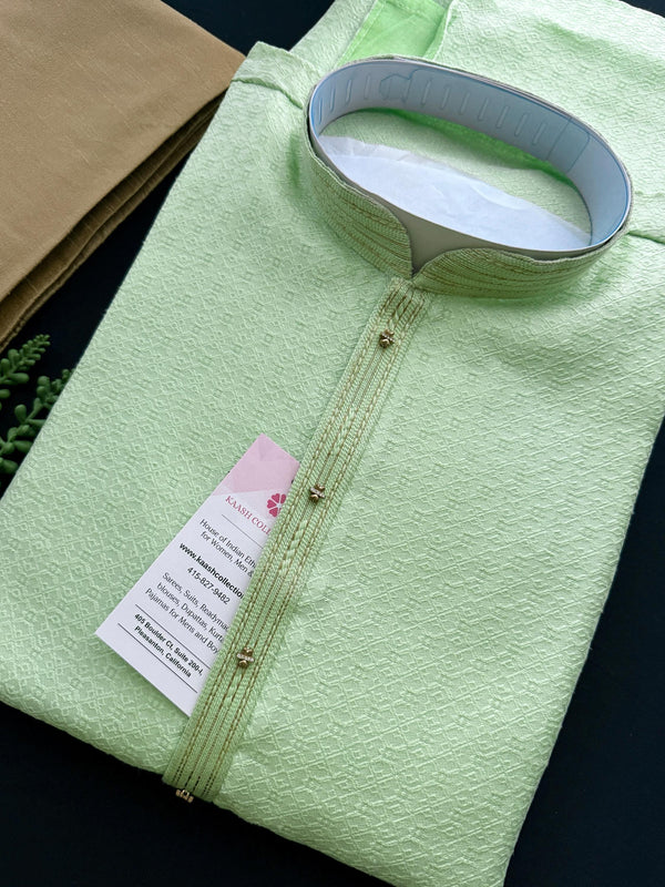 Pista Green Color Men Kurta Pajama in Raw Silk | Self design Kurta with Lining | Mens Kurta Pajama Set