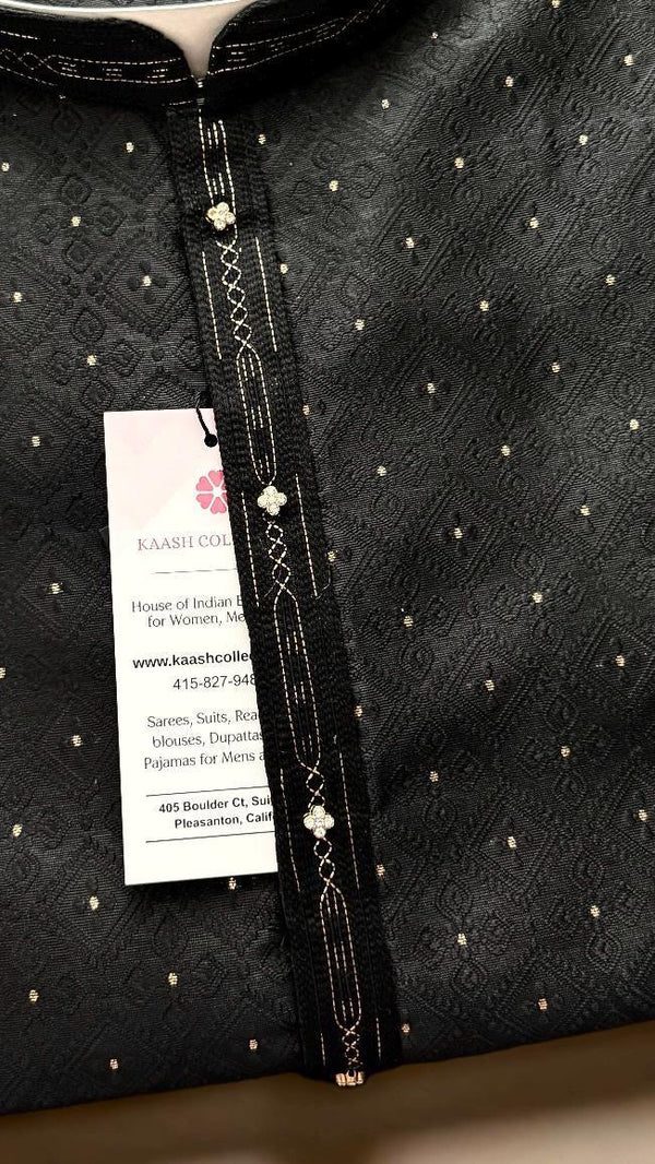 Party Wear Designer Men Kurta Set in Black Color with tiny Gold Zari Weave and Embossed Self Design in Soft Raw Silk with Cotton Lining