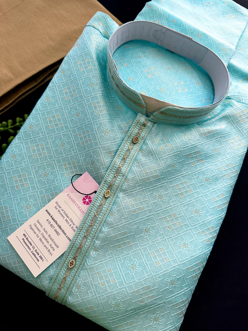 Designers Sea Blue Kurta with Embossed Zari and Self Design Pattern | Kurta with Cotton Lining | Mens Ethnic Wedding Wear