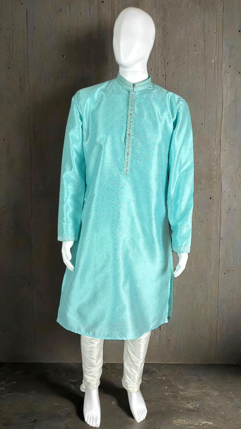 Designers Sea Blue Kurta with Embossed Zari and Self Design Pattern | Kurta with Cotton Lining | Mens Ethnic Wedding Wear