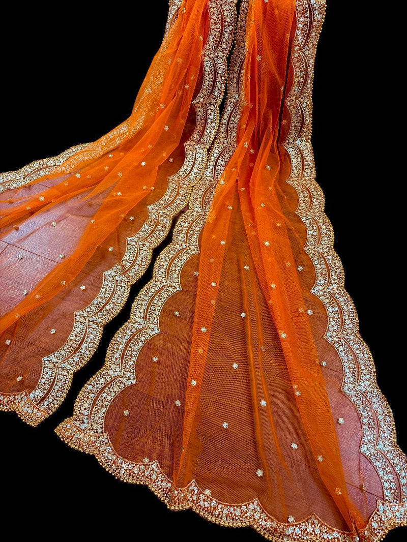 Bright Orange Color Net Dupatta with Gold Zari, Sequin and Beads | Pink Color Dupatta | Sequin Dupatta | Indian Dupatta for Lehanga