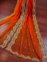 Bright Orange Color Net Dupatta with Gold Zari, Sequin and Beads | Pink Color Dupatta | Sequin Dupatta | Indian Dupatta for Lehanga