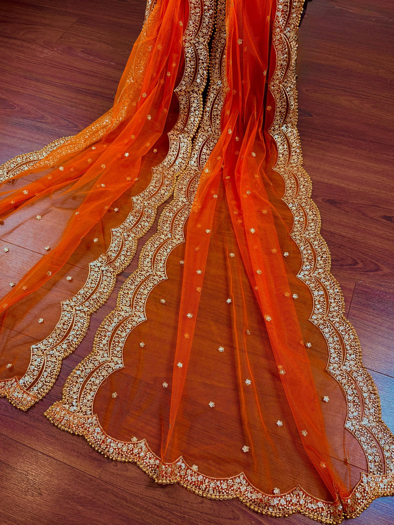 Bright Orange Color Net Dupatta with Gold Zari, Sequin and Beads | Pink Color Dupatta | Sequin Dupatta | Indian Dupatta for Lehanga