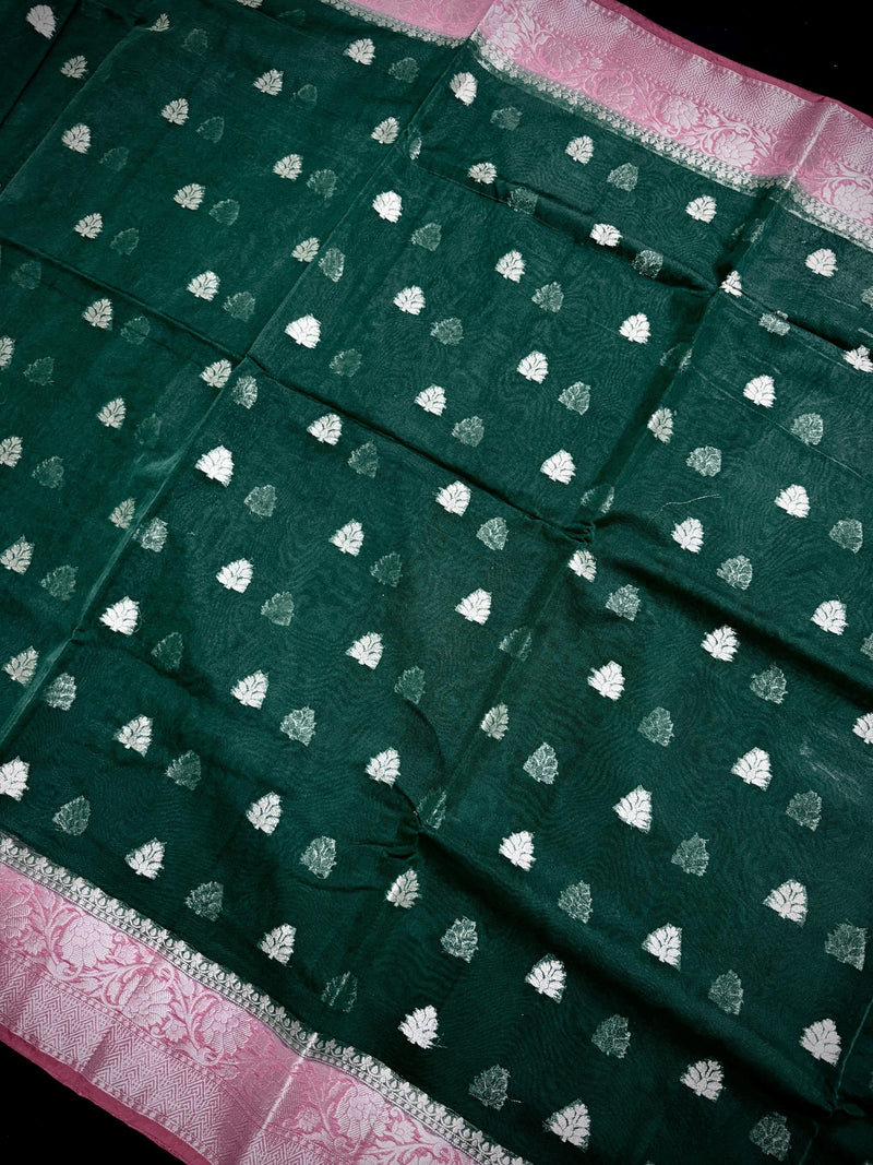 Bottle Green Banarasi Semi Kora Saree Check Saree with Dusty Pink Border and Pallu |  Banarasi Saree