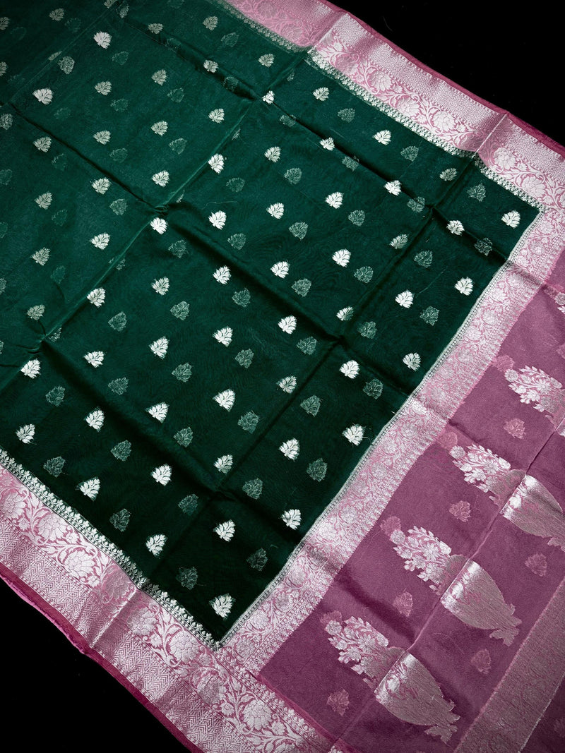 Bottle Green Banarasi Semi Kora Saree Check Saree with Dusty Pink Border and Pallu |  Banarasi Saree