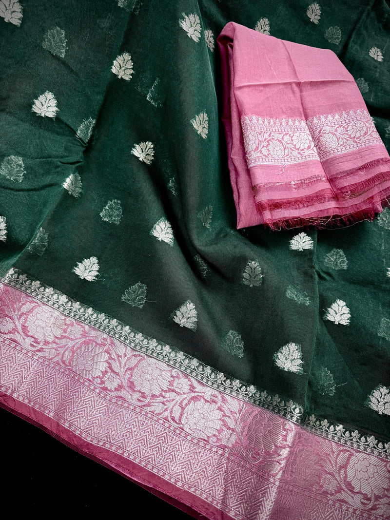 Bottle Green Banarasi Semi Kora Saree Check Saree with Dusty Pink Border and Pallu |  Banarasi Saree