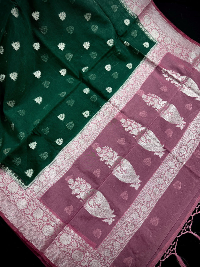 Bottle Green Banarasi Semi Kora Saree Check Saree with Dusty Pink Border and Pallu |  Banarasi Saree