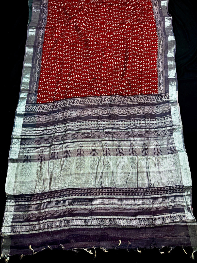 Deep Maroon Color Pure Khaadi Cotton Linen Blend with Ikkat Pattern Prints and Sliver Zari  | Cotton and Linen Saree | Indian Saree for Gift