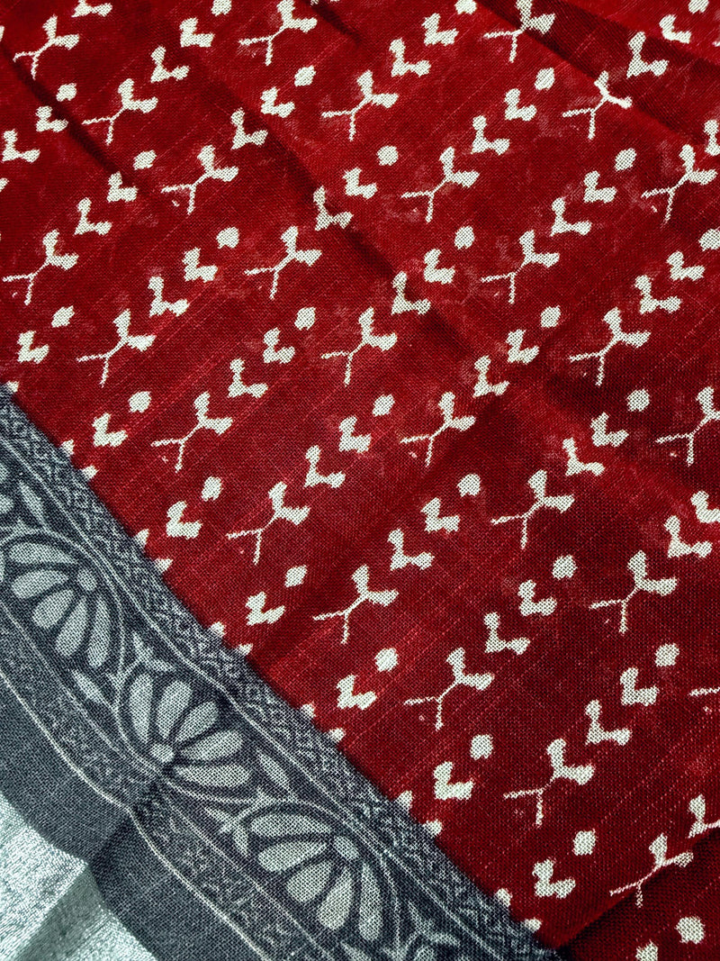 Deep Maroon Color Pure Khaadi Cotton Linen Blend with Ikkat Pattern Prints and Sliver Zari  | Cotton and Linen Saree | Indian Saree for Gift