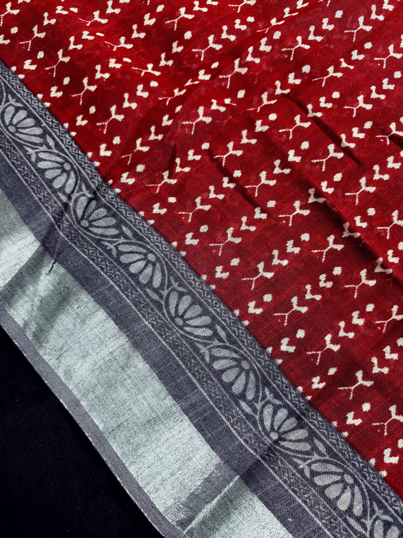 Deep Maroon Color Pure Khaadi Cotton Linen Blend with Ikkat Pattern Prints and Sliver Zari  | Cotton and Linen Saree | Indian Saree for Gift