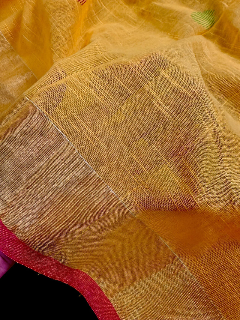 Pure Khaadi Cotton blend with Linen Yellow and Peach Color Saree with Zari Borders | Cotton and Linen Sarees | Indian Sarees for Gift