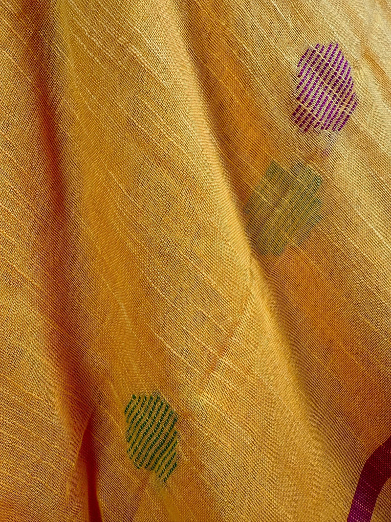 Pure Khaadi Cotton blend with Linen Yellow and Peach Color Saree with Zari Borders | Cotton and Linen Sarees | Indian Sarees for Gift