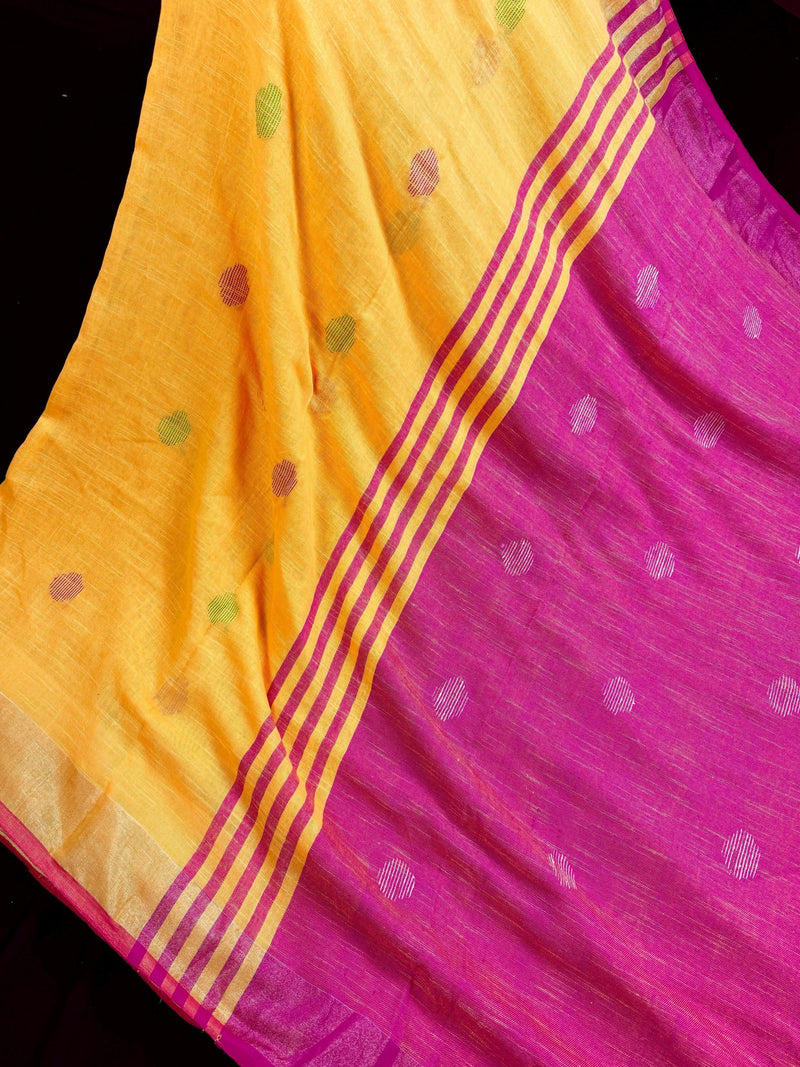Pure Khaadi Cotton blend with Linen Yellow and Peach Color Saree with Zari Borders | Cotton and Linen Sarees | Indian Sarees for Gift