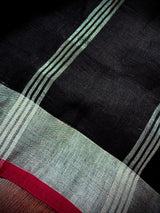 Black Color Pure Bengal Handloom Linen Saree with Sliver Zari Border with Maganta Pink | Pure Handloom Linen Sarees