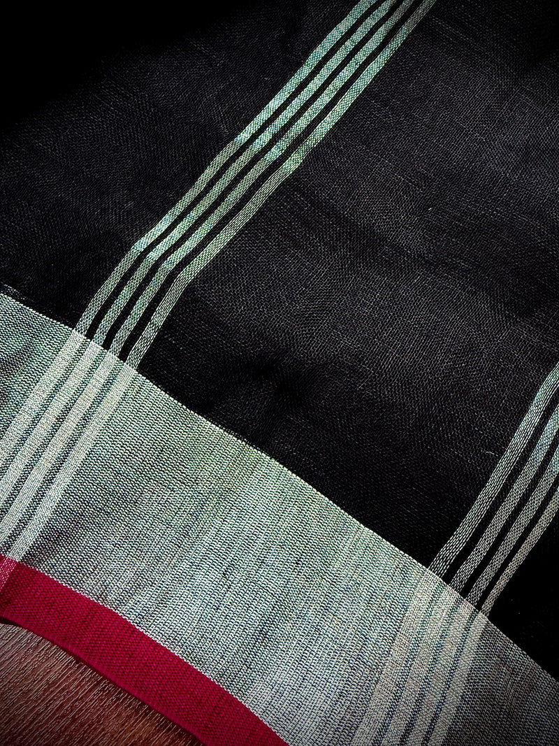 Black Color Pure Bengal Handloom Linen Saree with Sliver Zari Border with Maganta Pink | Pure Handloom Linen Sarees