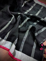 Black Color Pure Bengal Handloom Linen Saree with Sliver Zari Border with Maganta Pink | Pure Handloom Linen Sarees