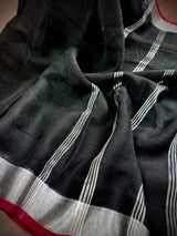 Black Color Pure Bengal Handloom Linen Saree with Sliver Zari Border with Maganta Pink | Pure Handloom Linen Sarees