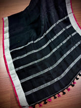 Black Color Pure Bengal Handloom Linen Saree with Sliver Zari Border with Maganta Pink | Pure Handloom Linen Sarees