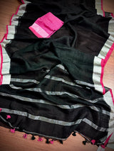 Black Color Pure Bengal Handloom Linen Saree with Sliver Zari Border with Maganta Pink | Pure Handloom Linen Sarees