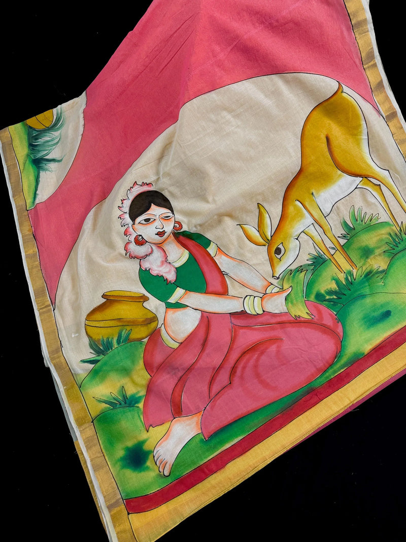 Multi Color Hand-painted Saree in Pure Cotton Saree with Copper Zari Border | Cotton Saree | Vintage Indian Saree for Gift