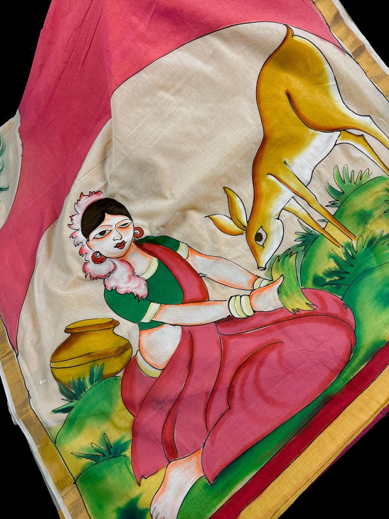 Multi Color Hand-painted Saree in Pure Cotton Saree with Copper Zari Border | Cotton Saree | Vintage Indian Saree for Gift