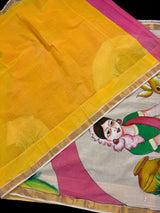 Multi Color Hand-painted Saree in Pure Cotton Saree with Copper Zari Border | Cotton Saree | Vintage Indian Saree for Gift