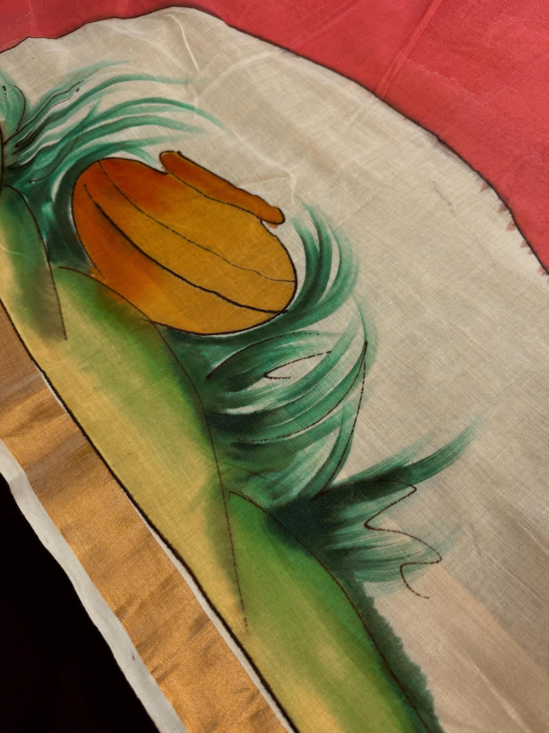 Multi Color Hand-painted Saree in Pure Cotton Saree with Copper Zari Border | Cotton Saree | Vintage Indian Saree for Gift
