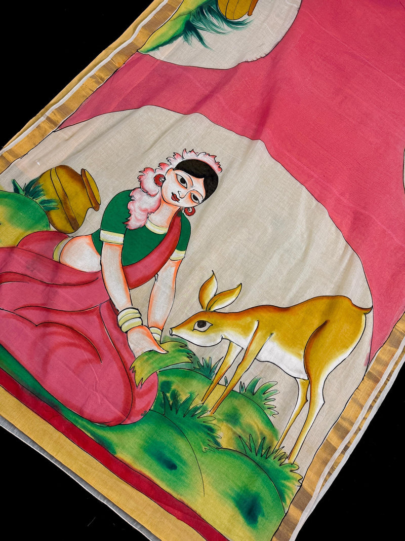 Multi Color Hand-painted Saree in Pure Cotton Saree with Copper Zari Border | Cotton Saree | Vintage Indian Saree for Gift