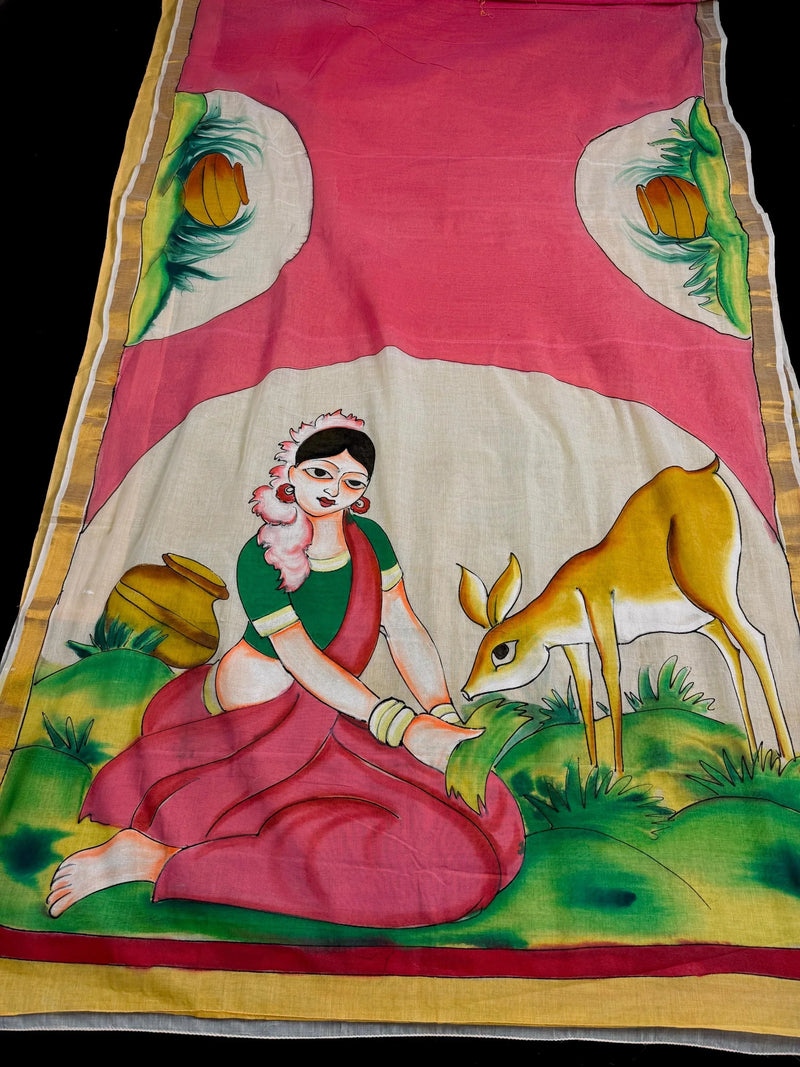 Multi Color Hand-painted Saree in Pure Cotton Saree with Copper Zari Border | Cotton Saree | Vintage Indian Saree for Gift