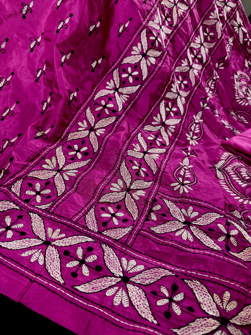 Pink Color Bangalori Silk Saree with Hand Kantha Stitch | Handwoven Kantha Stitch Sarees | Kantha Saress | Embroidered Sarees