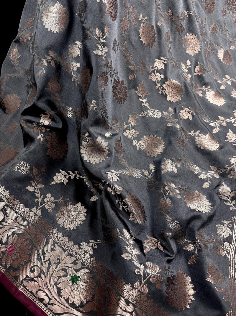 Statement Handmade Grey Green Color Semi Katan Banarasi Silk Saree | Muted Gold Zari Weaving | Semi Katan Silk Sarees