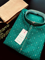 Teal Green Color Soft Raw Silk Men Kurta Pajama Self Design and tiny Zari Weave | Party Wear Men Ethnic Wear | Wedding Wear Kurta